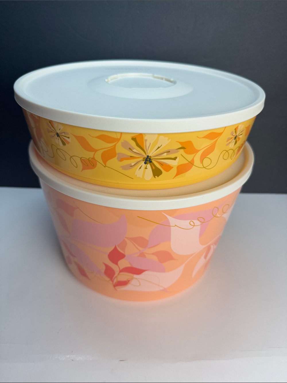 Tupperware Click Stack Illumina Floral Bowl Set White Seals 28 cup & 10.5 cup